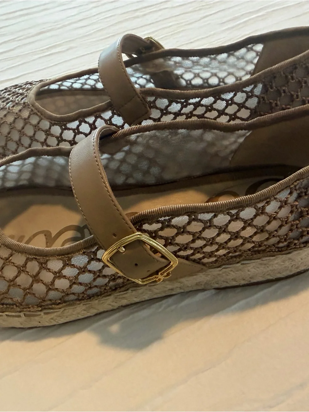 Sam Edelman Brown Mesh Mary Jane Espadrilles with Gold Buckle
